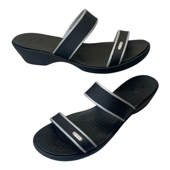 CROCS Madeira Black Gray Double Strap Wedge Slip On Sandals Women’s Size 10 - Picture 1 of 12